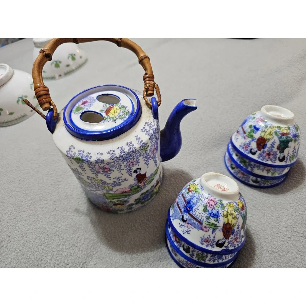 Vintage Japanese Porcelain Tea Set Geisha Garden Teapot 6 Cups Bamboo Handle